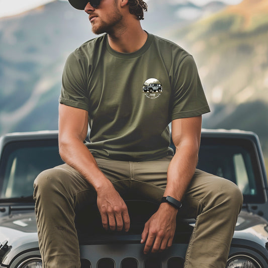 jeep wrangler t shirt for car enthusiasts and lovers, front, army green, on model