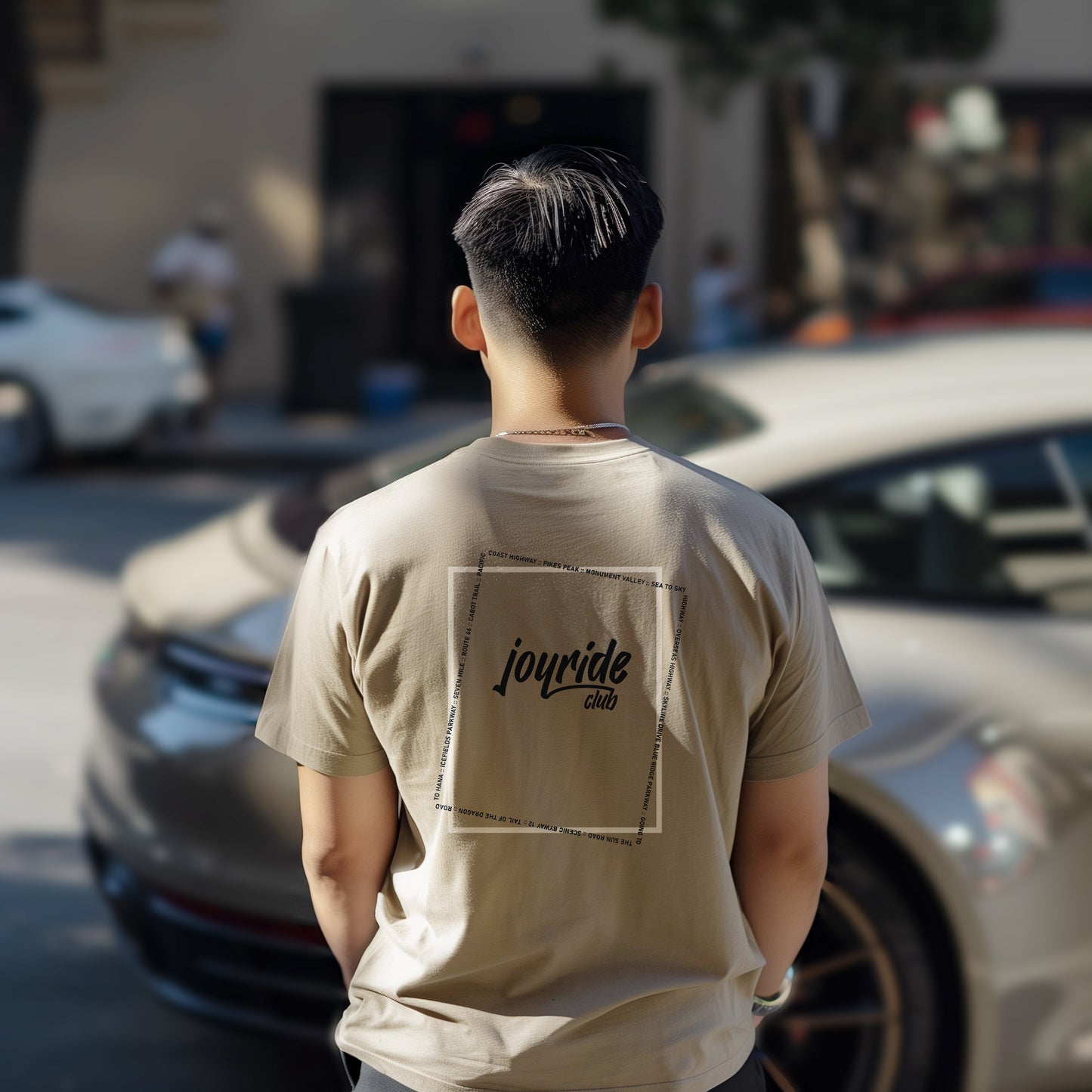 joyride club t shirt with most iconic routes of North America for car lovers, back, beige tan