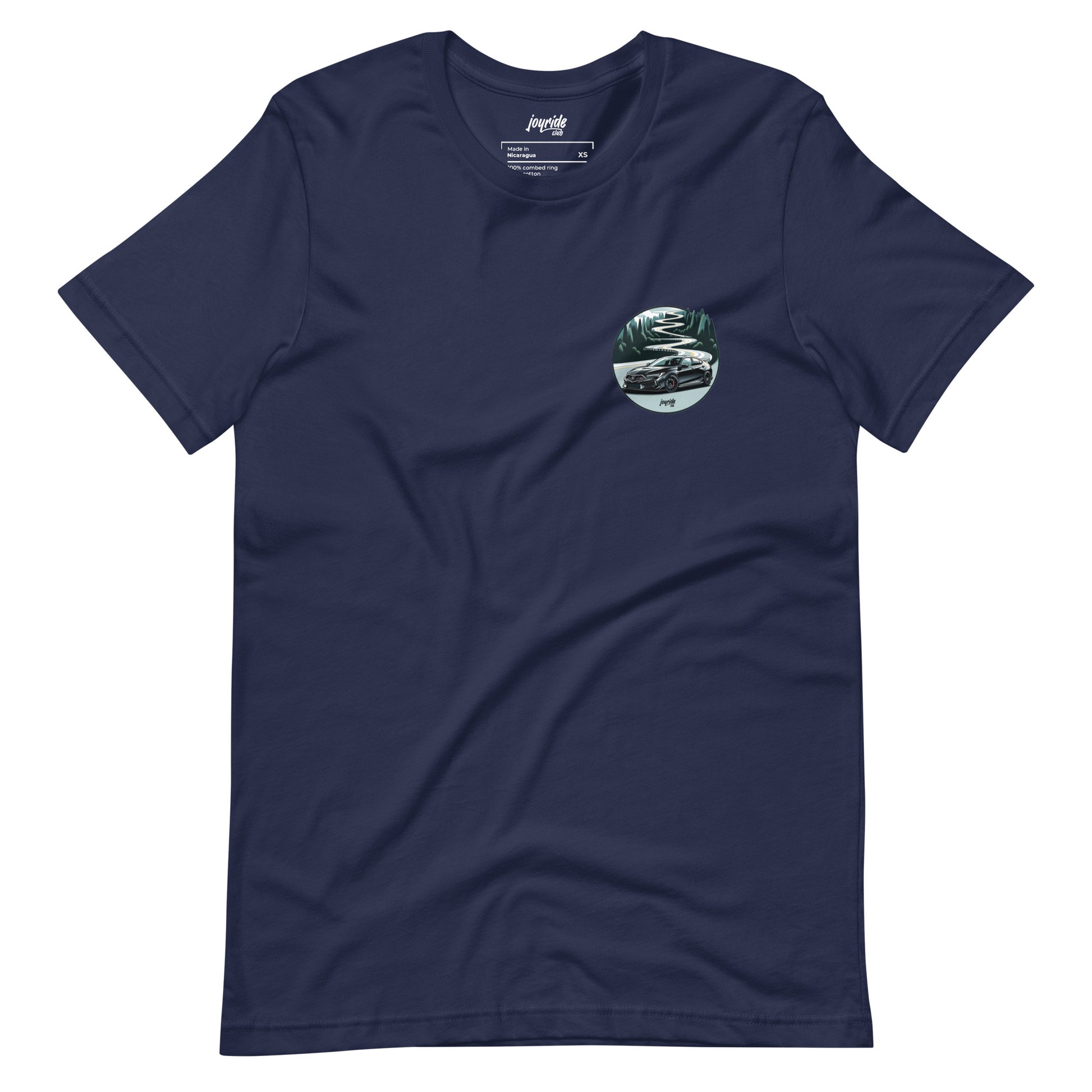 joyride club t shirt with a badge of Acura Integra Type S against Tail of the Dragon drive for car lovers, front, Navy