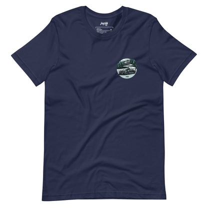 joyride club t shirt with a badge of Acura Integra Type S against Tail of the Dragon drive for car lovers, front, Navy