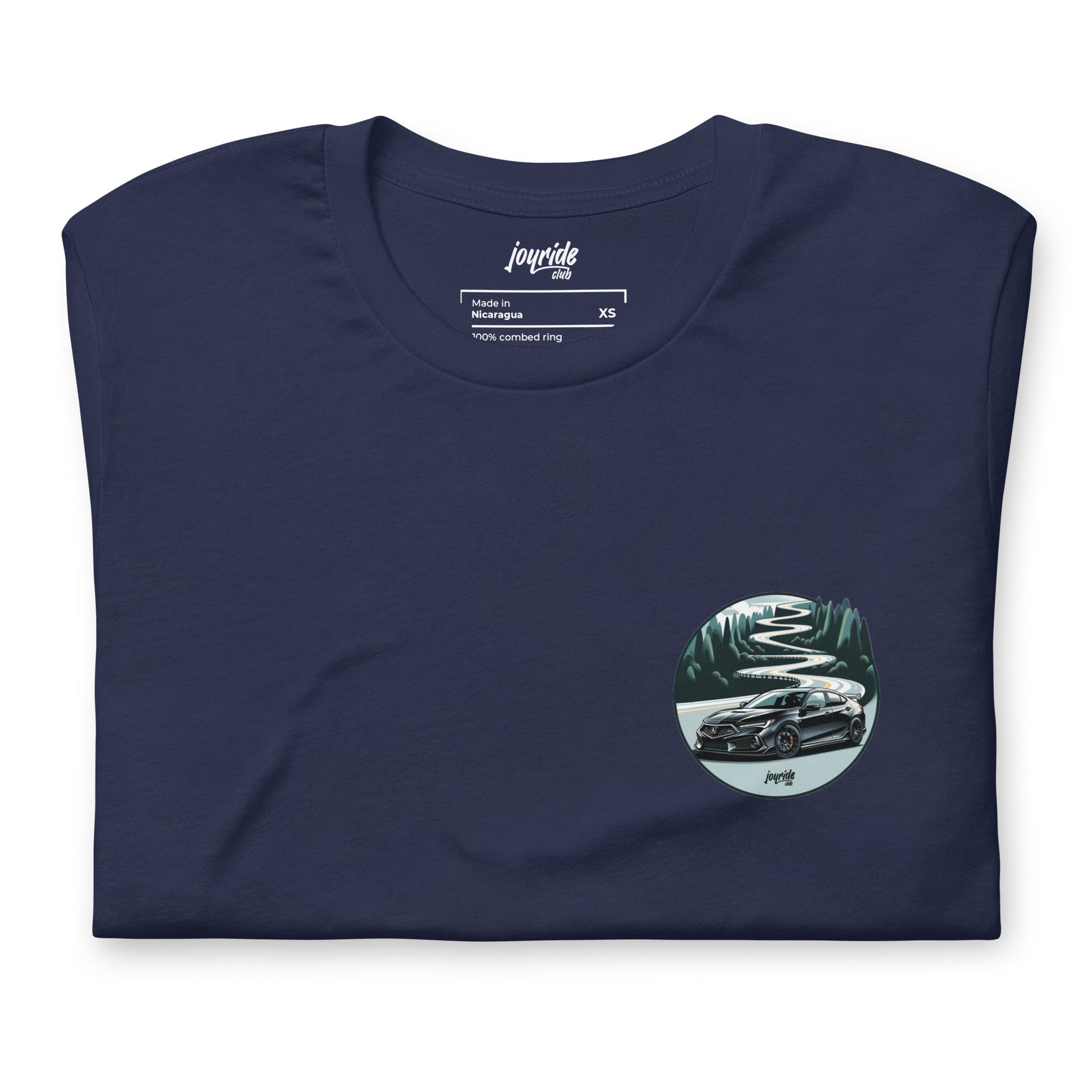 joyride club t shirt with a badge of Acura Integra Type S against Tail of the Dragon drive for car lovers, front folded, Navy