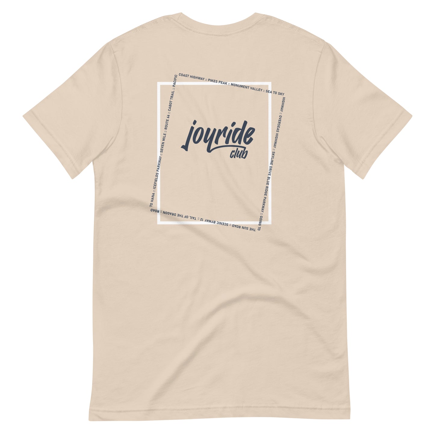 joyride club t shirt with most iconic routes of North America for car lovers, back, beige tan