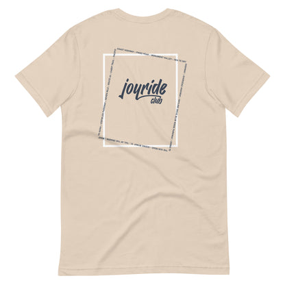 joyride club t shirt with most iconic routes of North America for car lovers, back, beige tan