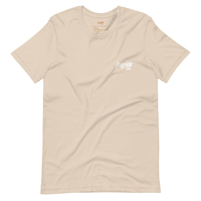 joyride club t shirt with most iconic routes of North America for car lovers, front, beige tan