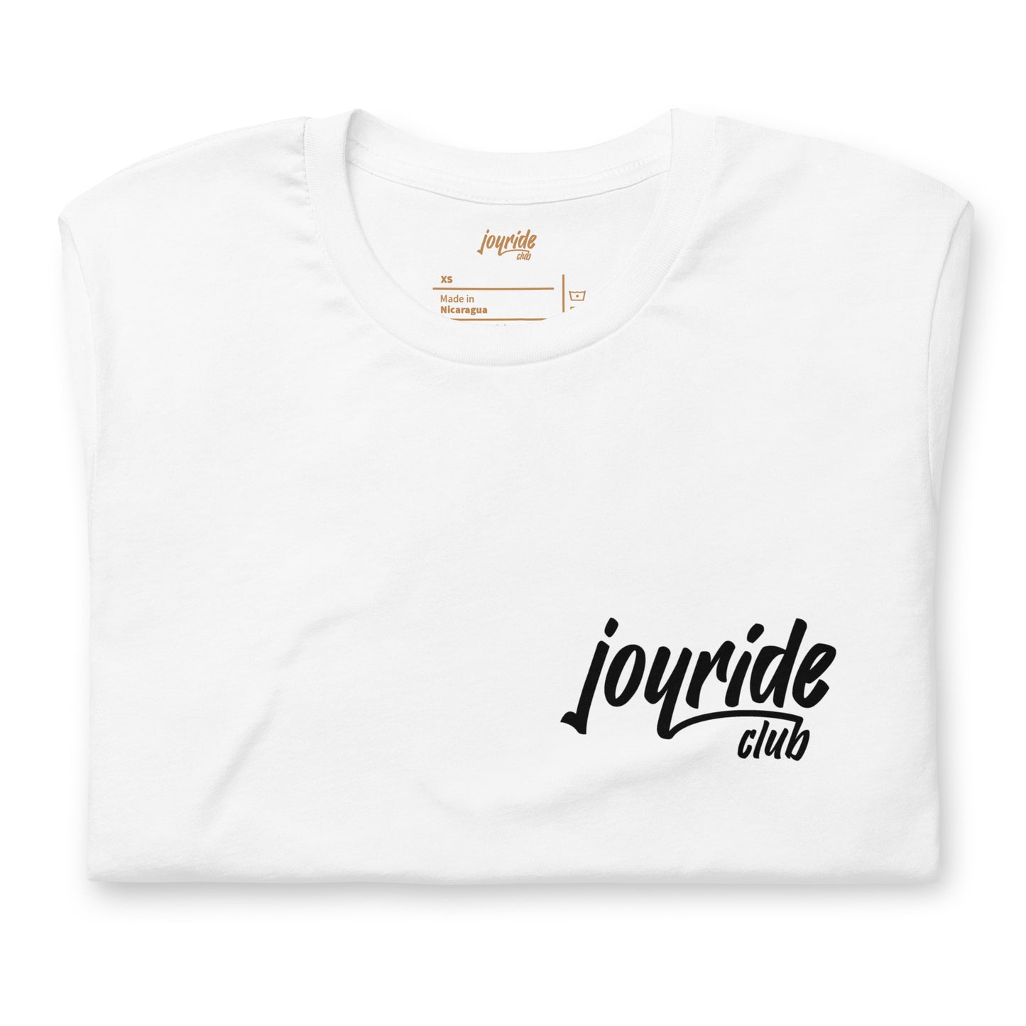 joyride club t shirt for car enthusiasts and lovers, front, white, folded